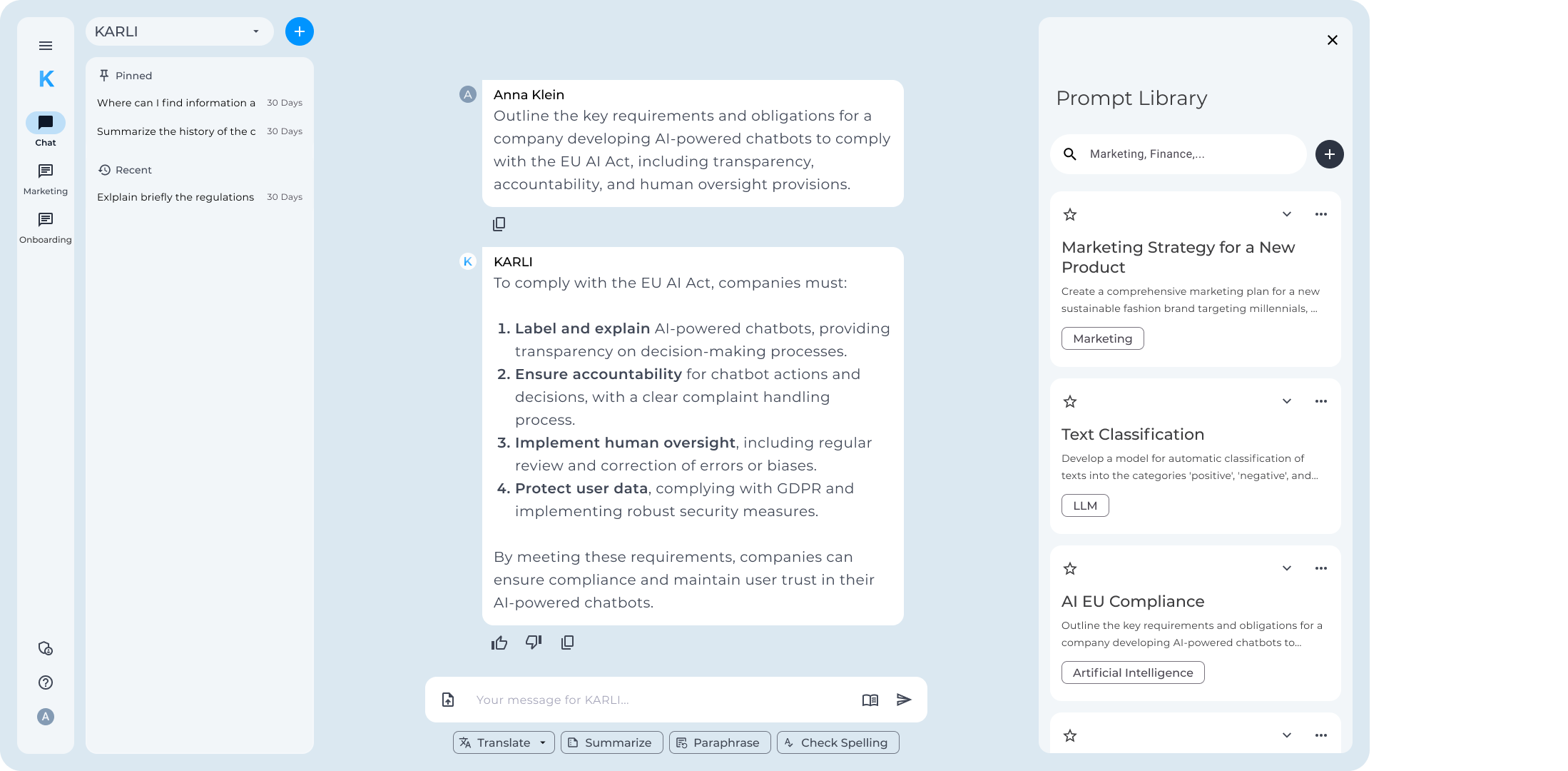 Vorschau des KARL chat mit prompt bibliothek