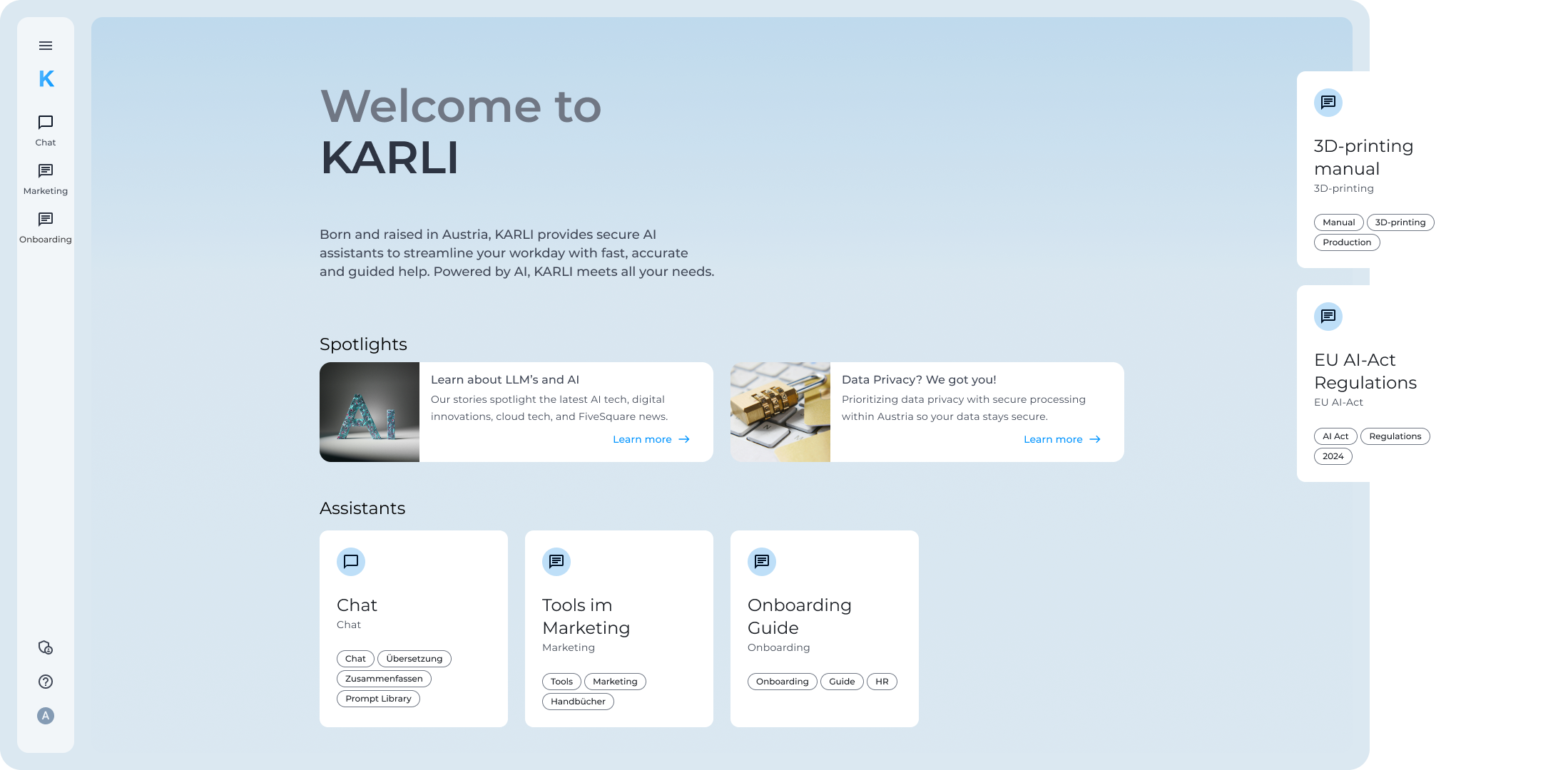 KARLI-Startseite mit einer Übersicht über die neuesten Nachrichten und die zuletzt geöffneten Assistenten